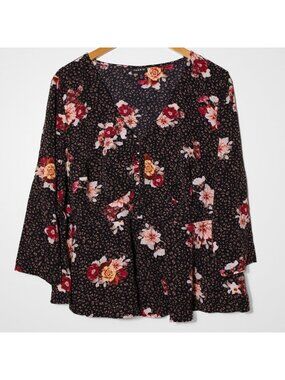Torrid Dark Floral Peplum Babydoll Top Black 3/4 Sleeve Size 2 2X 18/20
